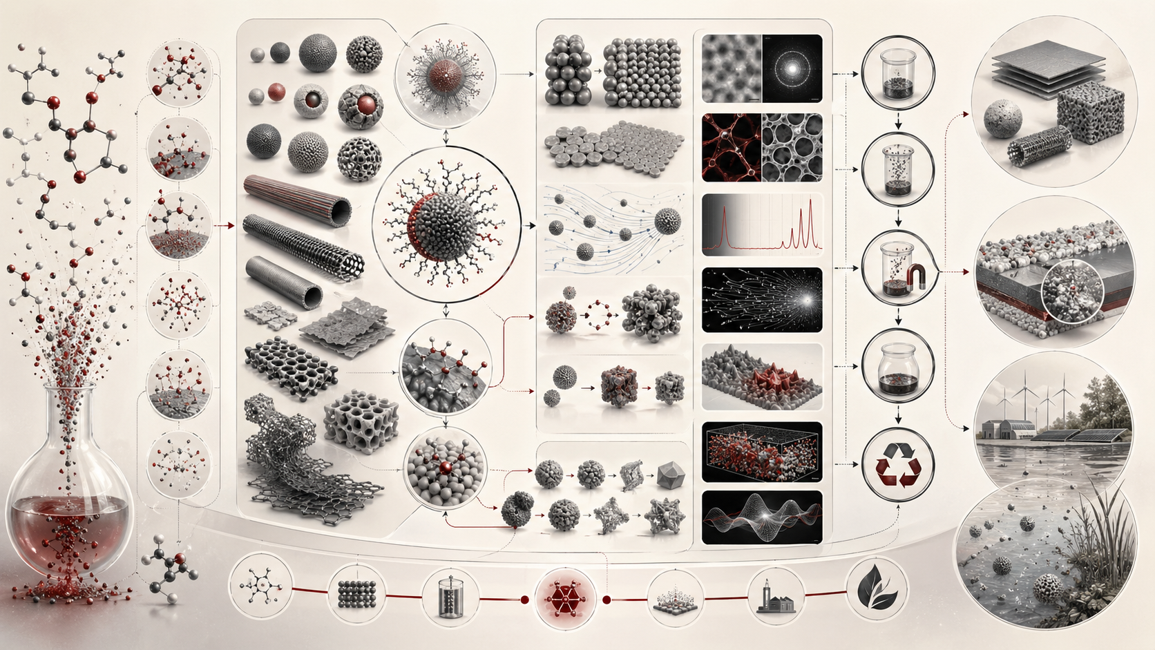 Abstract editorial scientific illustration showing nanochemistry as a molecular-scale materials workflow connecting nanoparticles, quantum dots, nanowires, nanosheets, ligand shells, self-assembly, characterization, stability testing, lifecycle pathways, and responsible design.