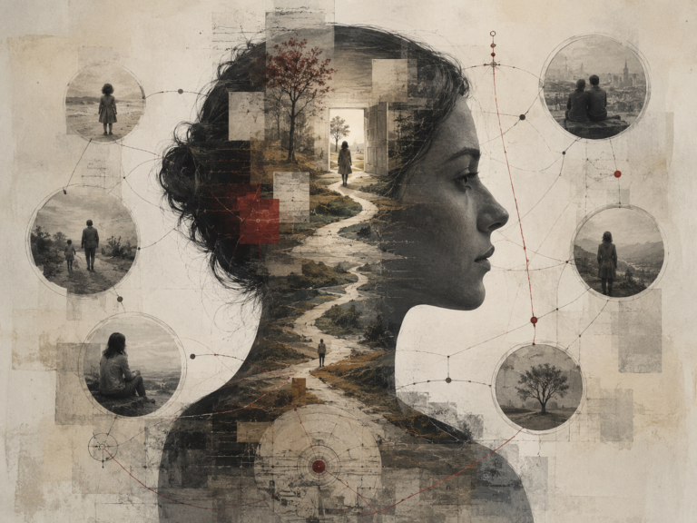 Restrained institutional illustration of a human profile filled with symbolic pathways, memory scenes, circular story fragments, and connected diagrams representing narrative identity and the storied self.