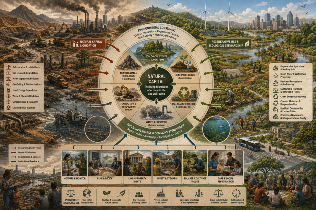 Editorial systems illustration showing natural capital, resource extraction, ecological stocks and flows, forests, soils, water systems, minerals, pollution sinks, regeneration, commons governance, and environmental limits.