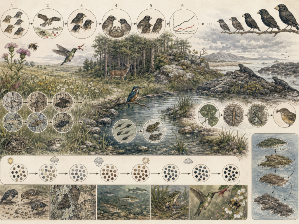 Research-grade evolutionary biology illustration showing birds, insects, amphibians, fish, reptiles, pollinators, island populations, trait variation, selection pressure, survival differences, adaptation sequences, and allele-frequency change across connected habitats.
