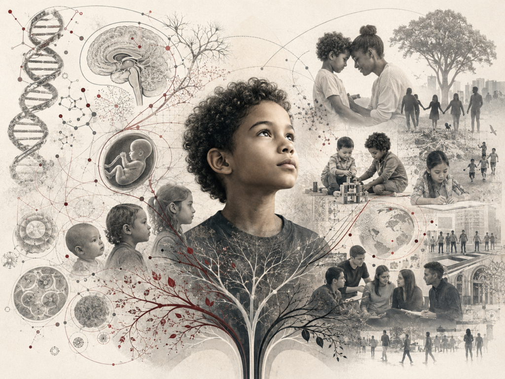 Research-grade illustration of the nature–nurture question, showing a child surrounded by DNA, brain development, caregiving, peer interaction, family, culture, environment, and developmental pathways.