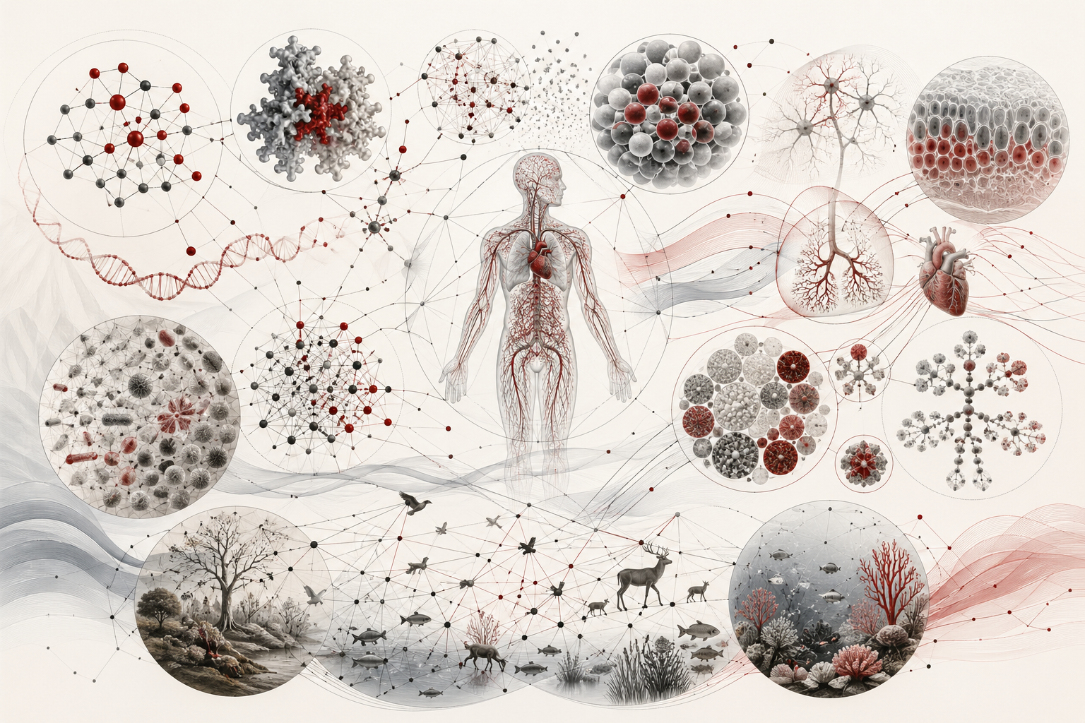 Abstract scientific illustration of networks, systems, and biological complexity showing gene-regulatory nodes, protein structures, cellular clusters, physiological pathways, microbial communities, ecological food webs, modular systems, and multiscale biological connections without text or labels.