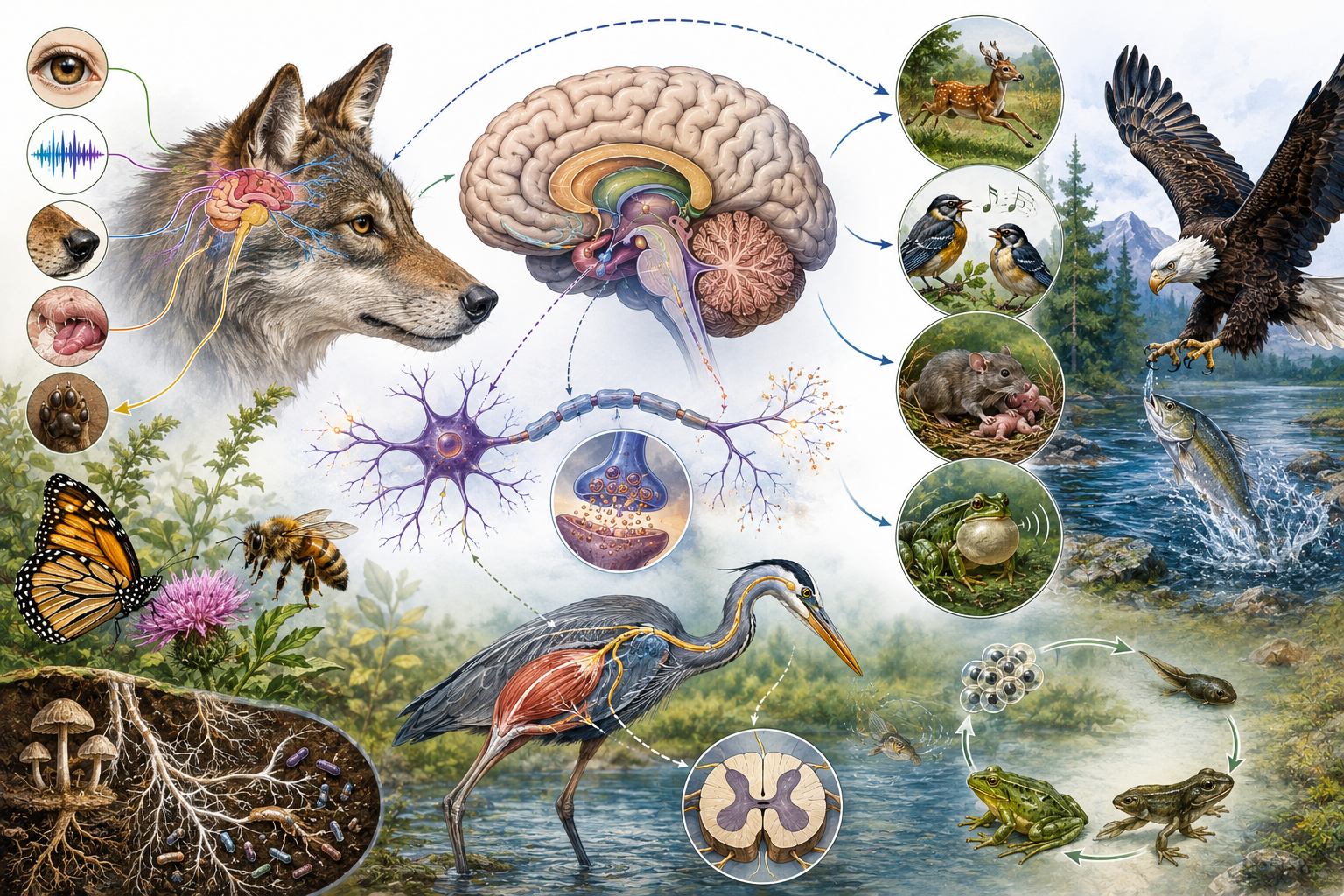 Research-grade neurobiology illustration showing sensory inputs, neural pathways, brain organization, neurons, synaptic signaling, animal behavior, movement, communication, predation, reproduction, and ecological response with minimal text.