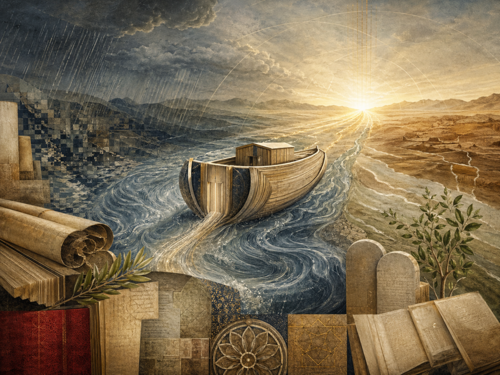 Editorial illustration of Noah / Nuh, judgment, and survival shown through an abstract ark-like vessel, stylized floodwaters, radiant guidance, sacred manuscripts, stone tablets, and renewed life.