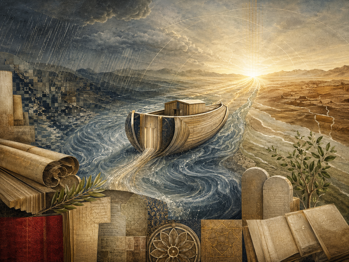 Editorial illustration of Noah / Nuh, judgment, and survival shown through an abstract ark-like vessel, stylized floodwaters, radiant guidance, sacred manuscripts, stone tablets, and renewed life.
