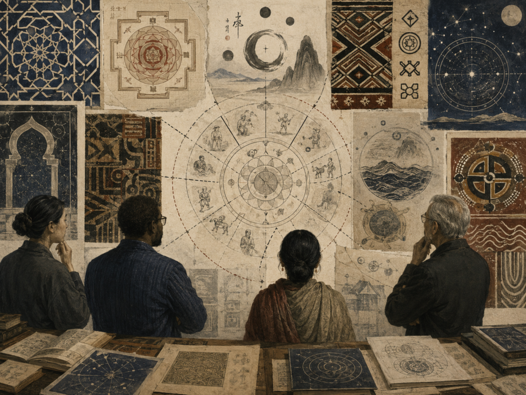 A diverse group of scholars studies a wall of non-Western symbolic systems, with geometric, cosmological, textile, mandala, and star-map patterns surrounding an incomplete central diagram.