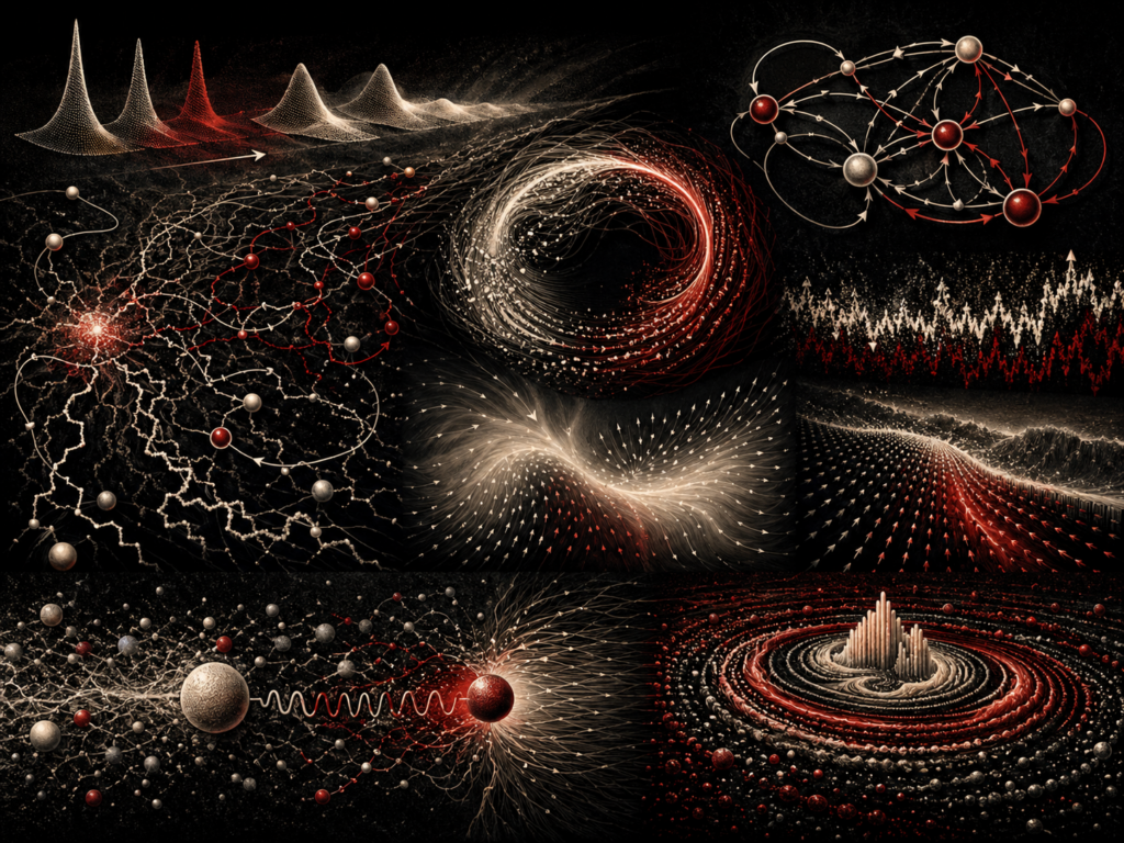 High-detail editorial scientific illustration of nonequilibrium statistical mechanics showing evolving probability distributions, stochastic particle trajectories, Markov-state network cycles, diffusion fields, transport gradients, and far-from-equilibrium emergent structures in black, cream, white, and deep red.
