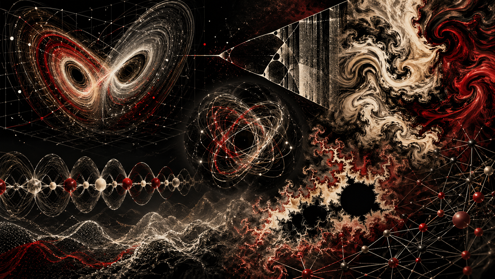 Editorial scientific illustration showing strange attractor loops, bifurcation-like branching, turbulent flow, fractal structures, coupled oscillators, and computational network nodes.