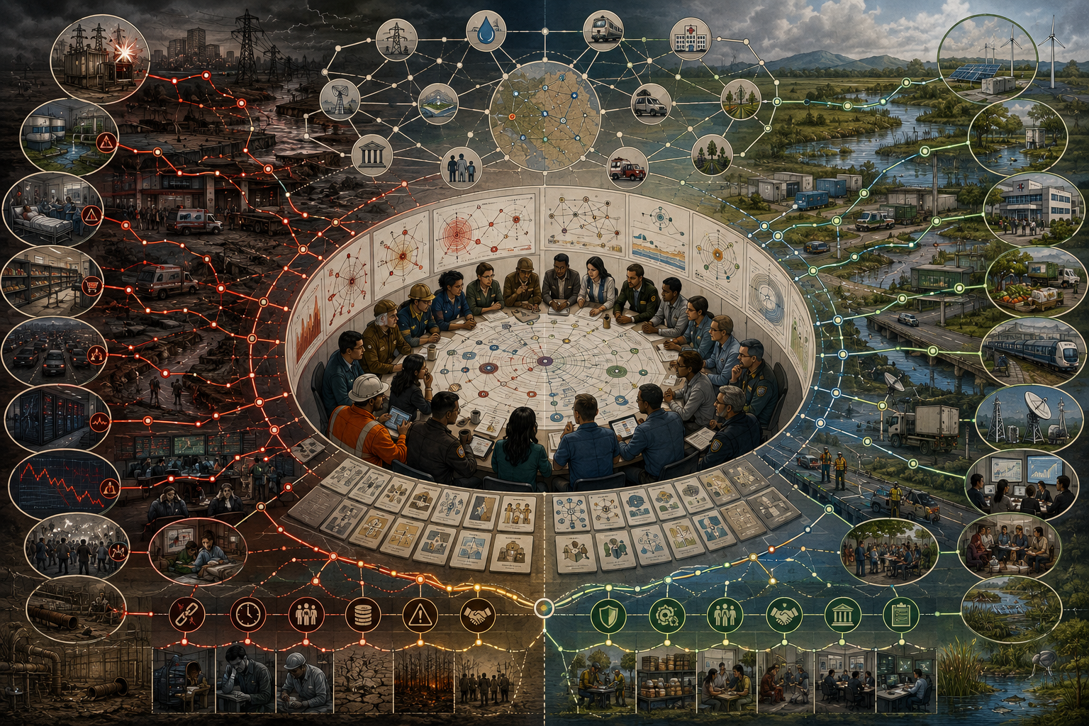 Editorial systems illustration showing a central resilience-planning forum surrounded by interconnected sectors, with cascading infrastructure and social failures on one side and buffered, adaptive resilience pathways on the other.
