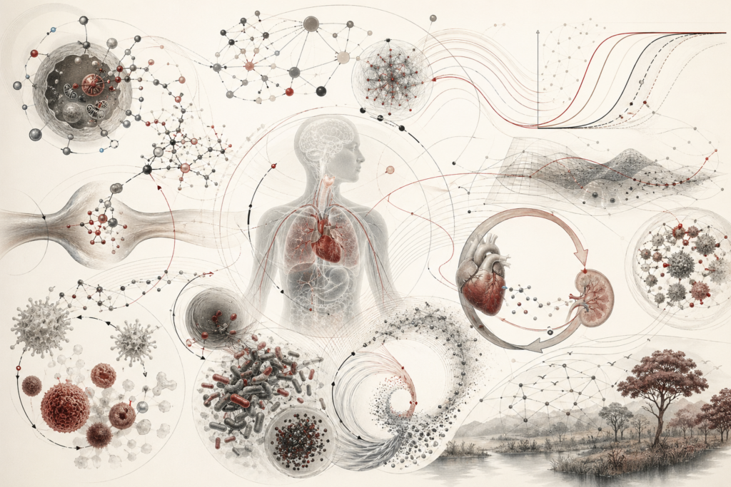 Abstract scientific illustration of nonlinearity, feedback, and biological regulation showing cellular signaling nodes, gene-regulatory networks, physiological control loops, immune and microbial systems, ecological feedback structures, and nonlinear response curves without text or labels.