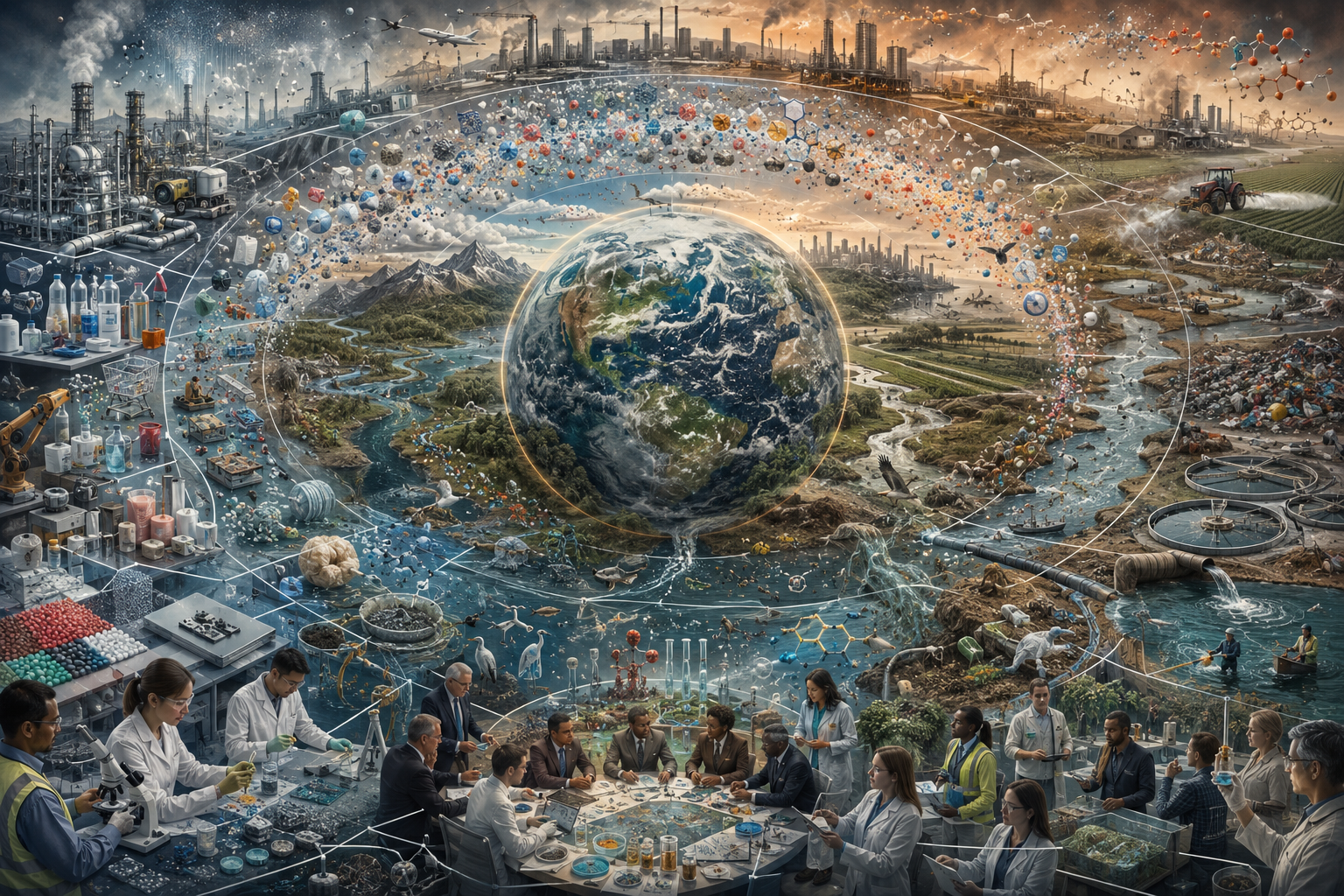 Editorial illustration showing Earth surrounded by synthetic chemicals, plastics, industrial materials, laboratories, polluted waterways, and governance efforts to manage novel-entities risk.