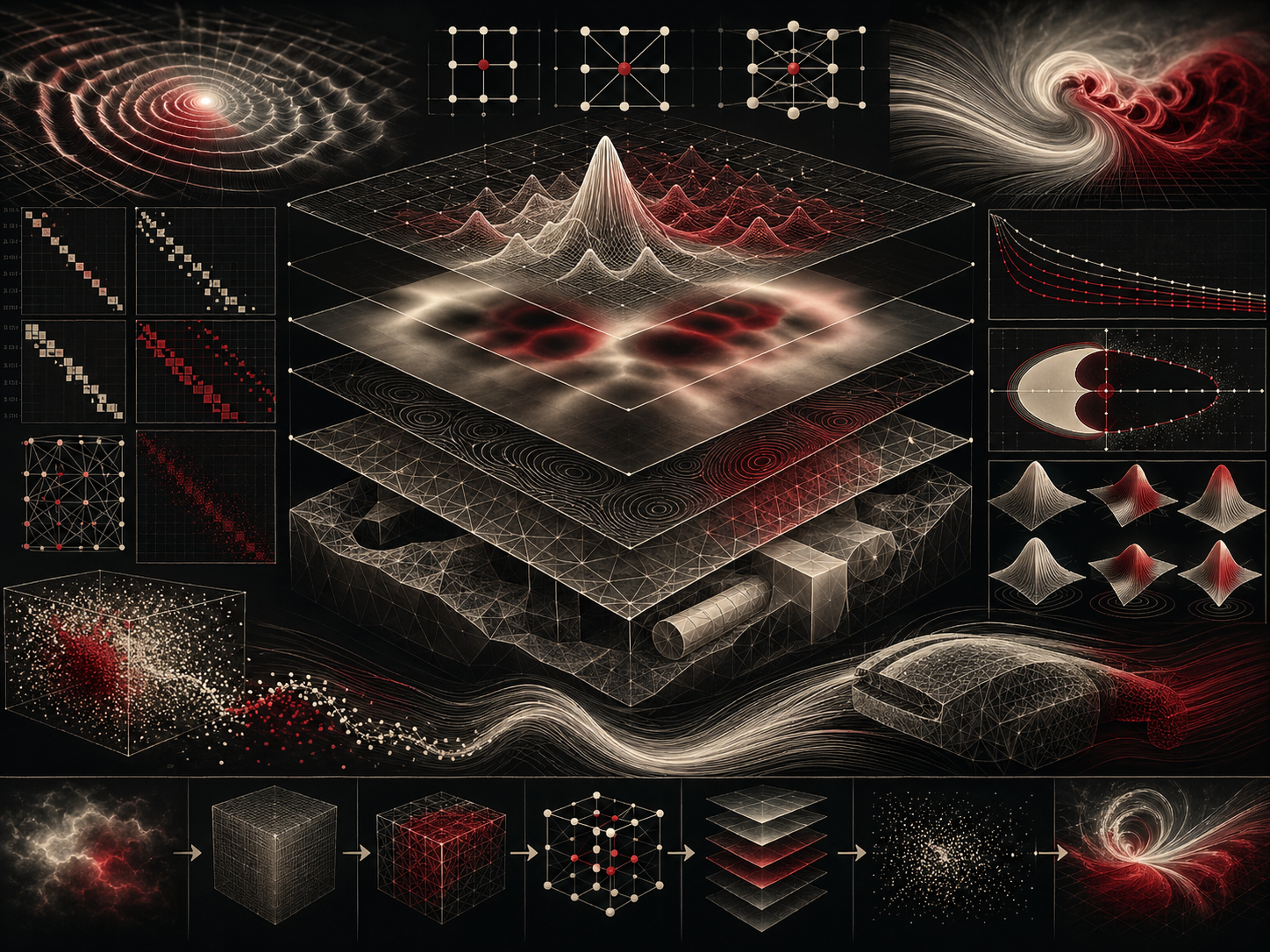 High-detail editorial scientific illustration of numerical methods in physics showing computational grids, finite-difference stencil structures, diffusion and wave fields, sparse matrices, convergence curves, stability regions, eigenmode surfaces, Monte Carlo samples, and layered reproducible simulation workflows.