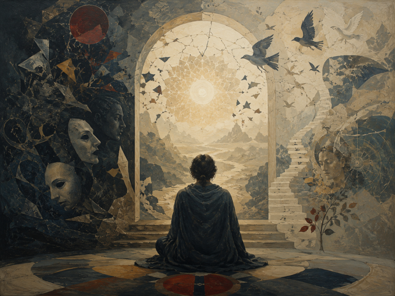 A solitary figure sits before a luminous threshold, with fractured shadow imagery, masks, birds, mandala light, and ascending stairs surrounding the symbolic scene.