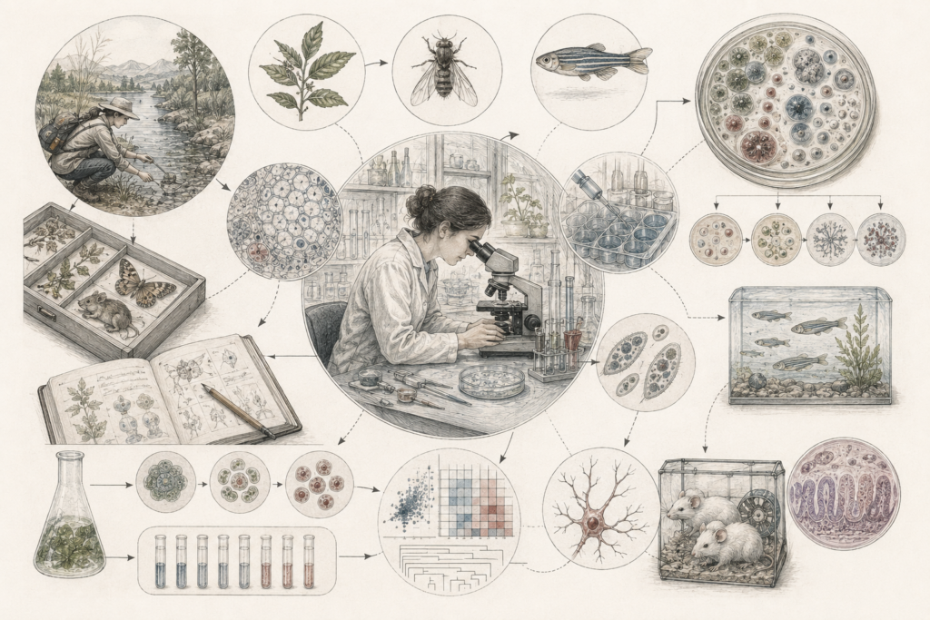 Research-grade biology illustration showing field observation, laboratory microscopy, specimen study, controlled experiments, cell cultures, model organisms, aquatic systems, notebooks, test tubes, data matrices, and biological analysis.