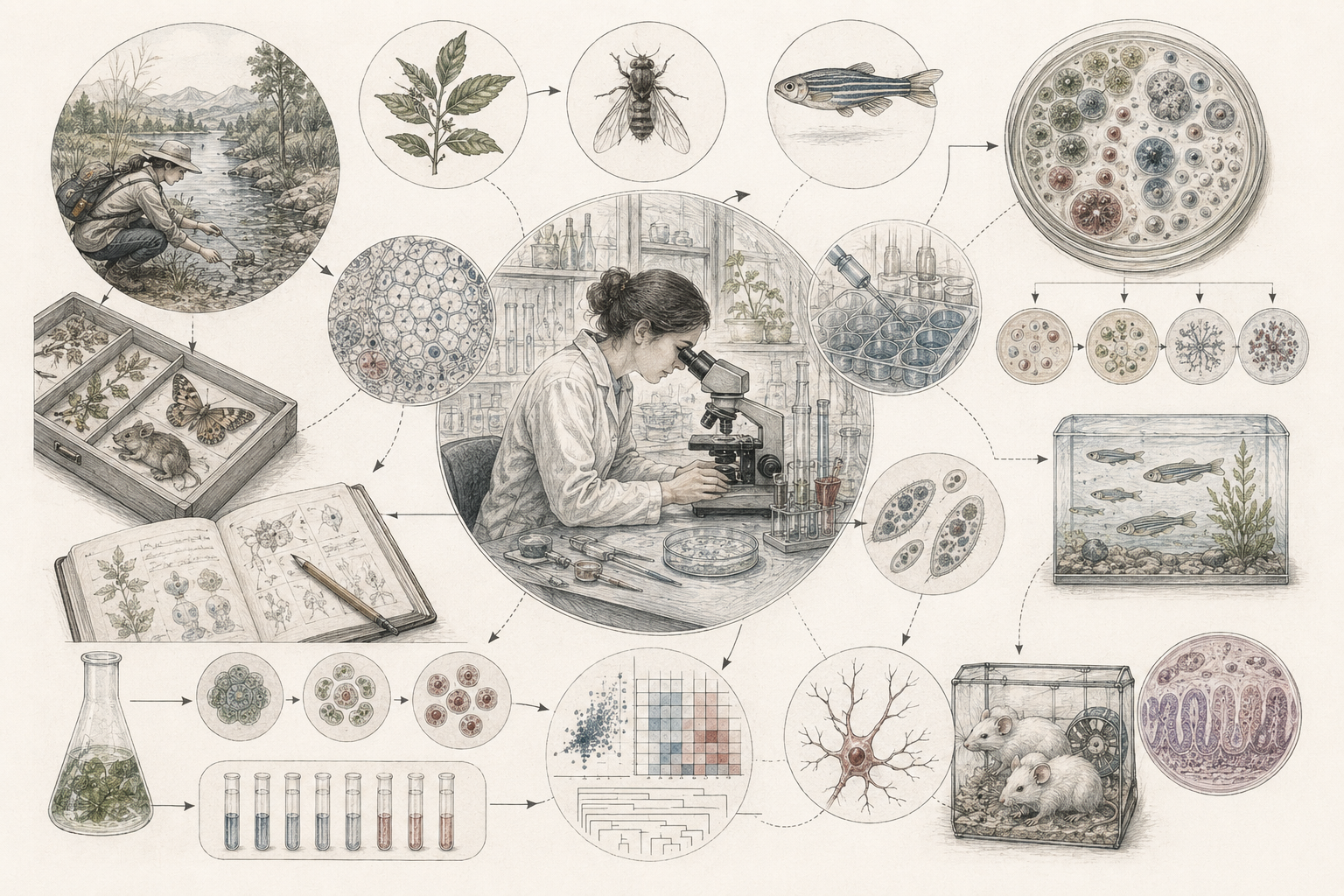 Research-grade biology illustration showing field observation, laboratory microscopy, specimen study, controlled experiments, cell cultures, model organisms, aquatic systems, notebooks, test tubes, data matrices, and biological analysis.