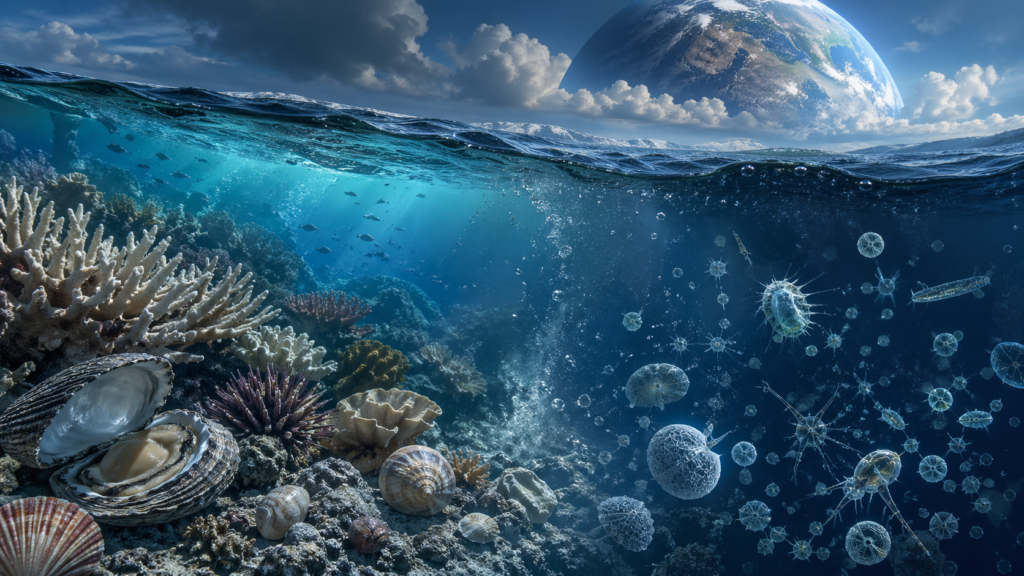 Infographic explaining ocean acidification as a planetary-boundary process, showing Earth and the ocean, seawater chemistry changes, lower pH, reduced carbonate availability, coral stress, shell formation pressure, food web effects, monitoring systems, governance responses, and interactions with climate change, deoxygenation, nutrient pollution, and ecosystem vulnerability.