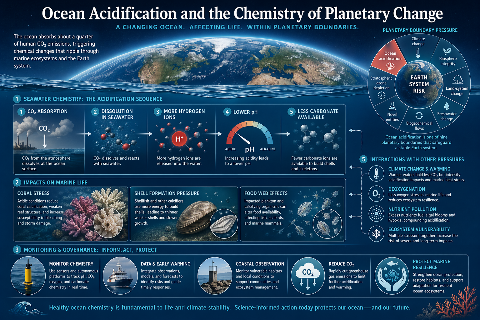 Infographic explaining ocean acidification as a planetary-boundary process, showing Earth and the ocean, seawater chemistry changes, lower pH, reduced carbonate availability, coral stress, shell formation pressure, food web effects, monitoring systems, governance responses, and interactions with climate change, deoxygenation, nutrient pollution, and ecosystem vulnerability.