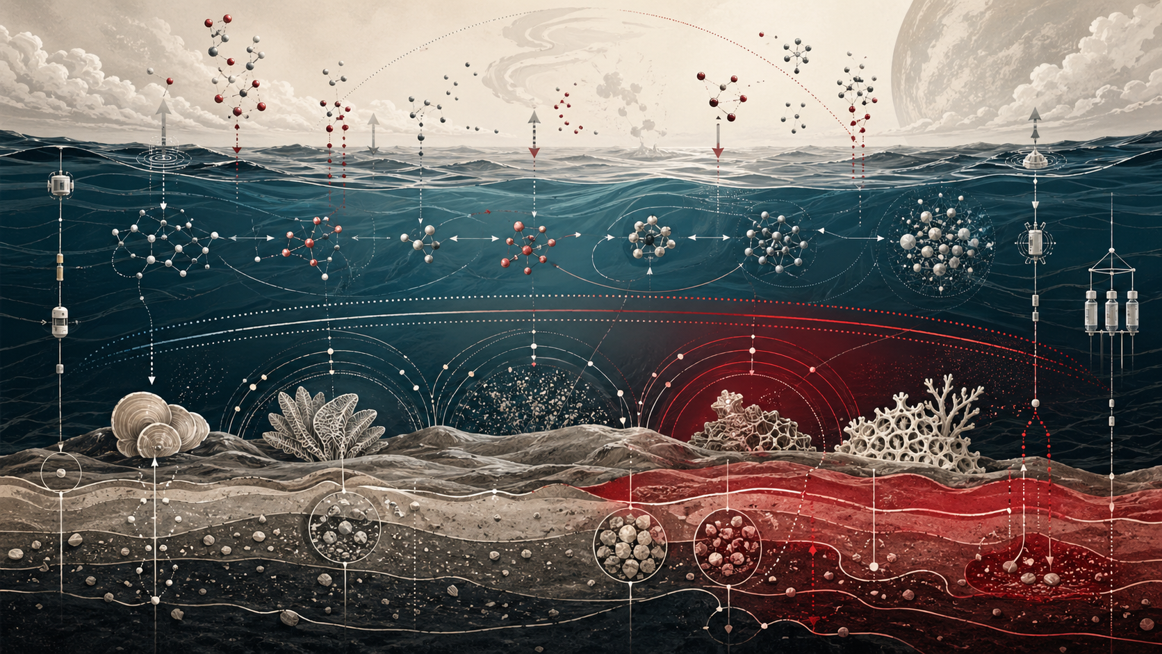 Editorial scientific illustration of ocean chemistry showing seawater layers, air-sea exchange, carbonate-system molecular pathways, marine calcification structures, sediment chemistry, monitoring instruments, deep-ocean carbon storage, and geochemical cycling in cream, black, white, muted gray, and deep red.