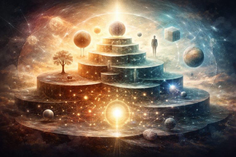Abstract metaphysical landscape with layered circular platforms, glowing spheres, geometric forms, and human silhouettes representing being, categories, and the structure of reality
