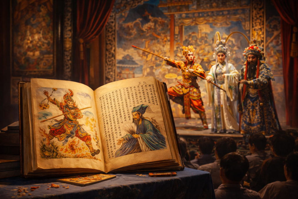 Traditional Chinese opera performance beside an illustrated vernacular book, showing mythic and historical figures carried from printed narrative into staged performance.