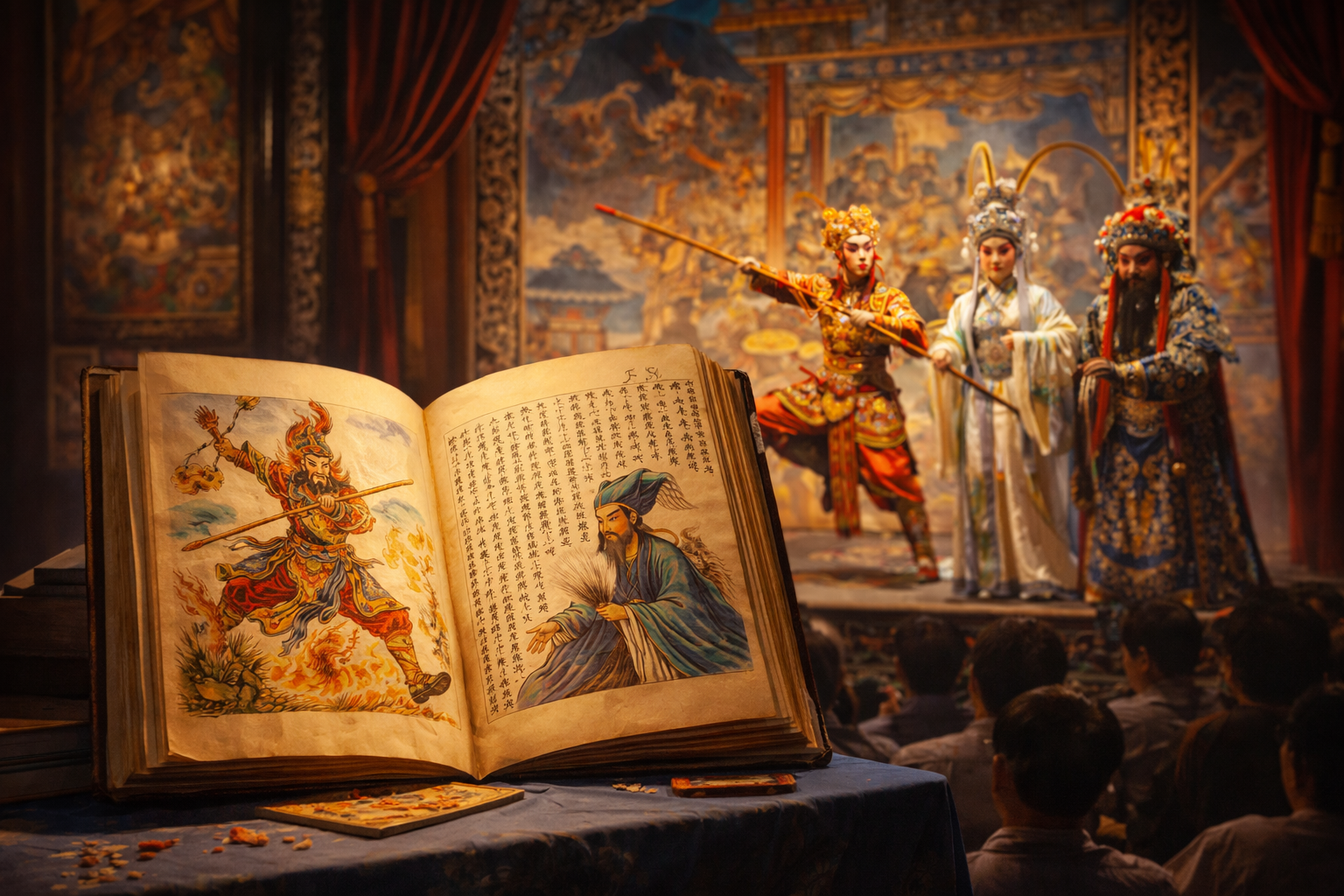 Traditional Chinese opera performance beside an illustrated vernacular book, showing mythic and historical figures carried from printed narrative into staged performance.