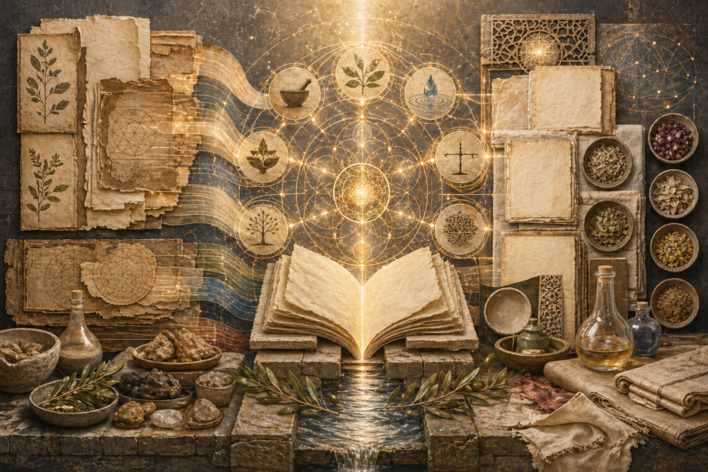 Non-figurative editorial illustration of layered parchment, luminous light pathways, circular astronomical geometry, blank scholarly folios, water traces, olive leaves, stone thresholds, and soft gold illumination representing optics, astronomy, and scientific inquiry in the Islamic Golden Age.