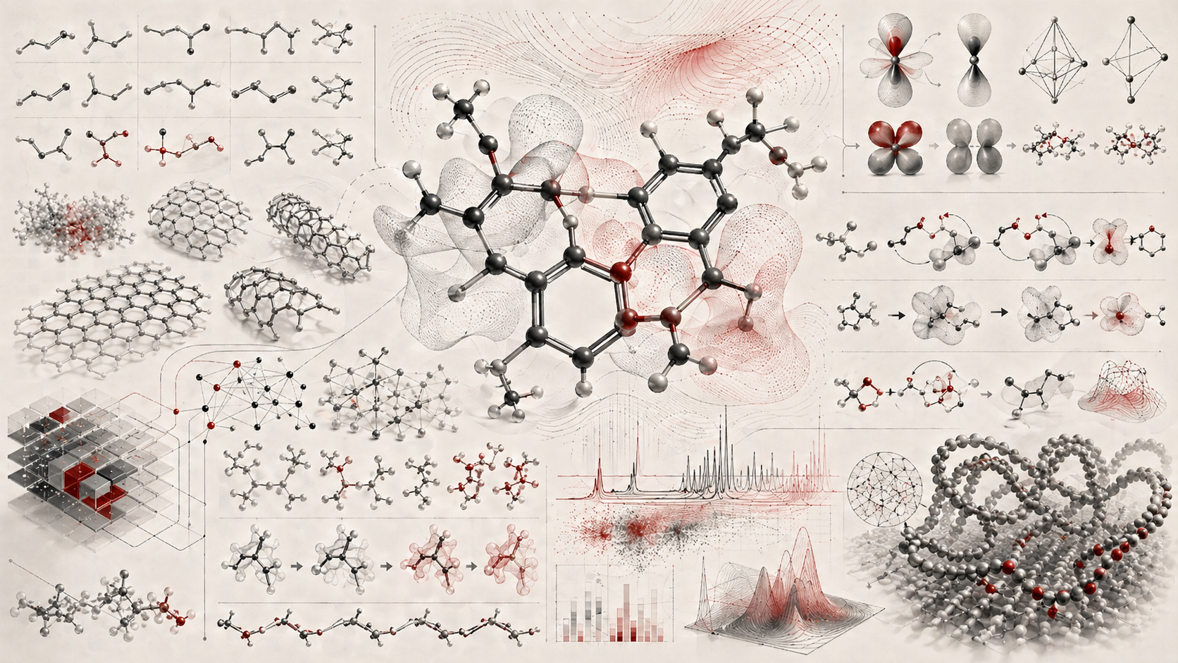Abstract editorial scientific illustration of organic chemistry, carbon-based molecular frameworks, ring systems, branching chains, stereochemical forms, orbital fields, molecular graphs, polymers, spectroscopy-like patterns, and computational organic-structure workflows in cream, gray, black, and deep red.