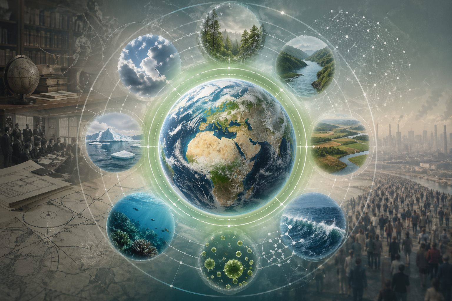 Infographic showing Earth at the center of a circular planetary boundaries framework, surrounded by nodes for Earth system science, Anthropocene awareness, resilience thinking, climate, biosphere integrity, freshwater, land-system change, ocean chemistry, biogeochemical flows, governance institutions, and safe operating space.