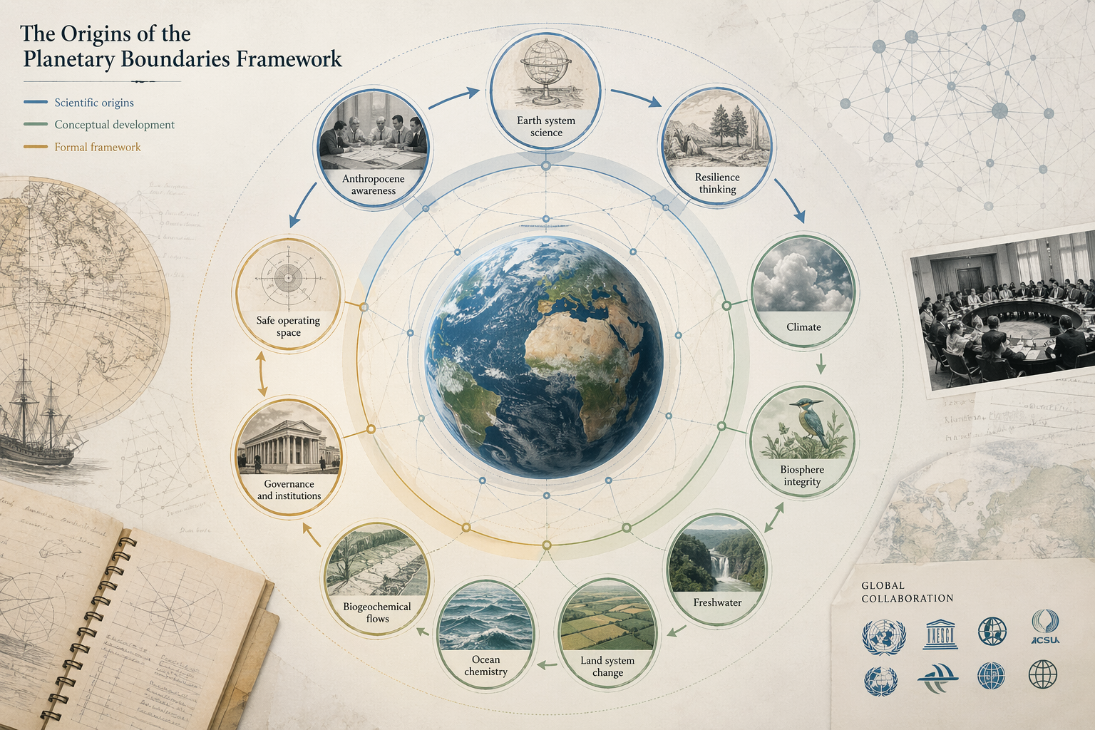 Infographic showing Earth at the center of a circular planetary boundaries framework, surrounded by nodes for Earth system science, Anthropocene awareness, resilience thinking, climate, biosphere integrity, freshwater, land-system change, ocean chemistry, biogeochemical flows, governance institutions, and safe operating space.