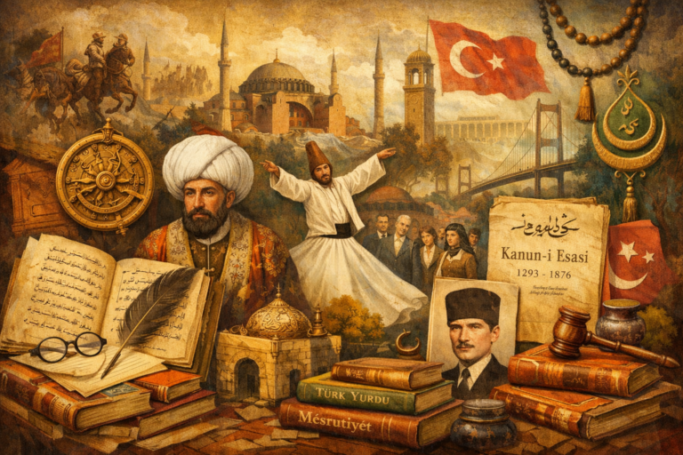 Editorial illustration of Ottoman and Turkish thought featuring imperial architecture, manuscripts, legal texts, Sufi symbolism, literary culture, reform-era documents, and layered memories of empire and republic across Anatolia and the Ottoman world