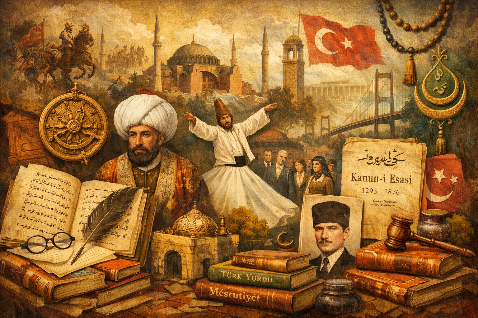 Editorial illustration of Ottoman and Turkish thought featuring imperial architecture, manuscripts, legal texts, Sufi symbolism, literary culture, reform-era documents, and layered memories of empire and republic across Anatolia and the Ottoman world