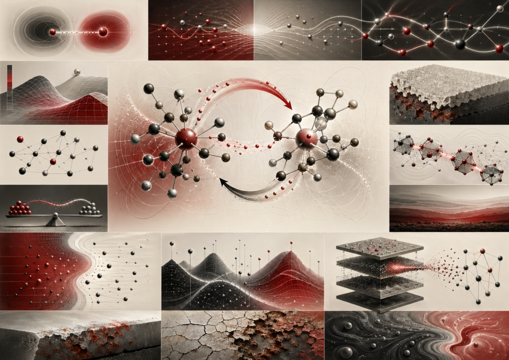 Abstract editorial scientific illustration of oxidation, reduction, electron transfer, donor-acceptor molecular systems, redox gradients, charge-flow pathways, corrosion textures, and computational redox workflows in cream, gray, black, and deep red.