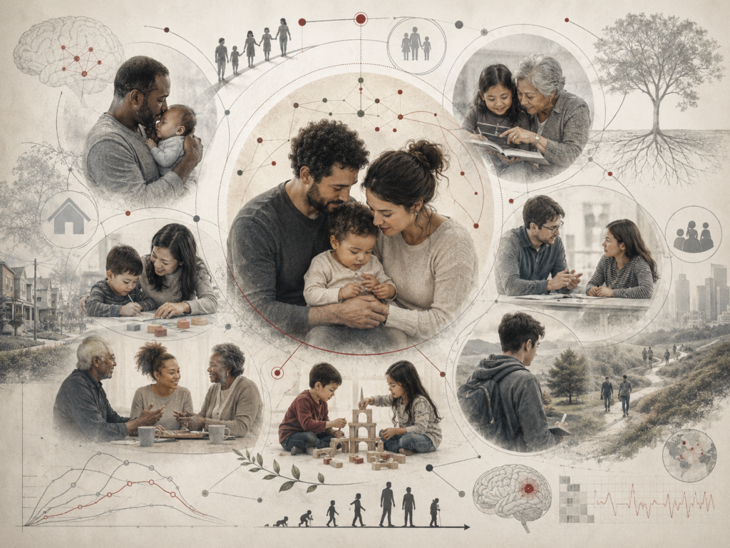 Illustration of parenting and family systems, showing caregivers, children, intergenerational relationships, family interaction, emotional support, social context, and developmental pathways.