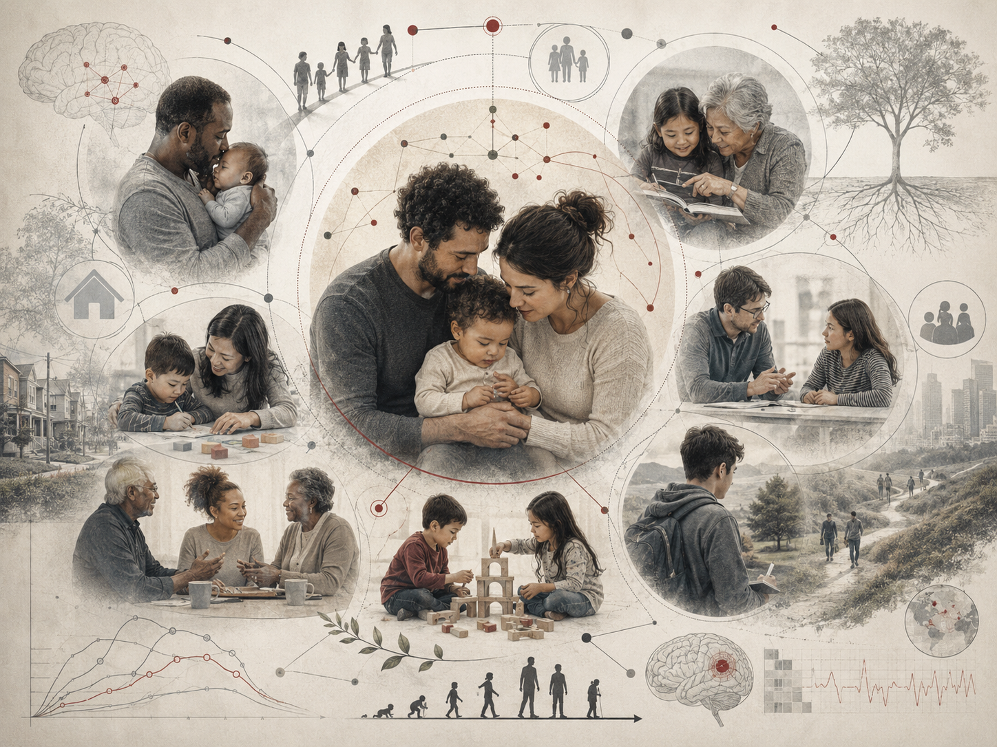 Illustration of parenting and family systems, showing caregivers, children, intergenerational relationships, family interaction, emotional support, social context, and developmental pathways.