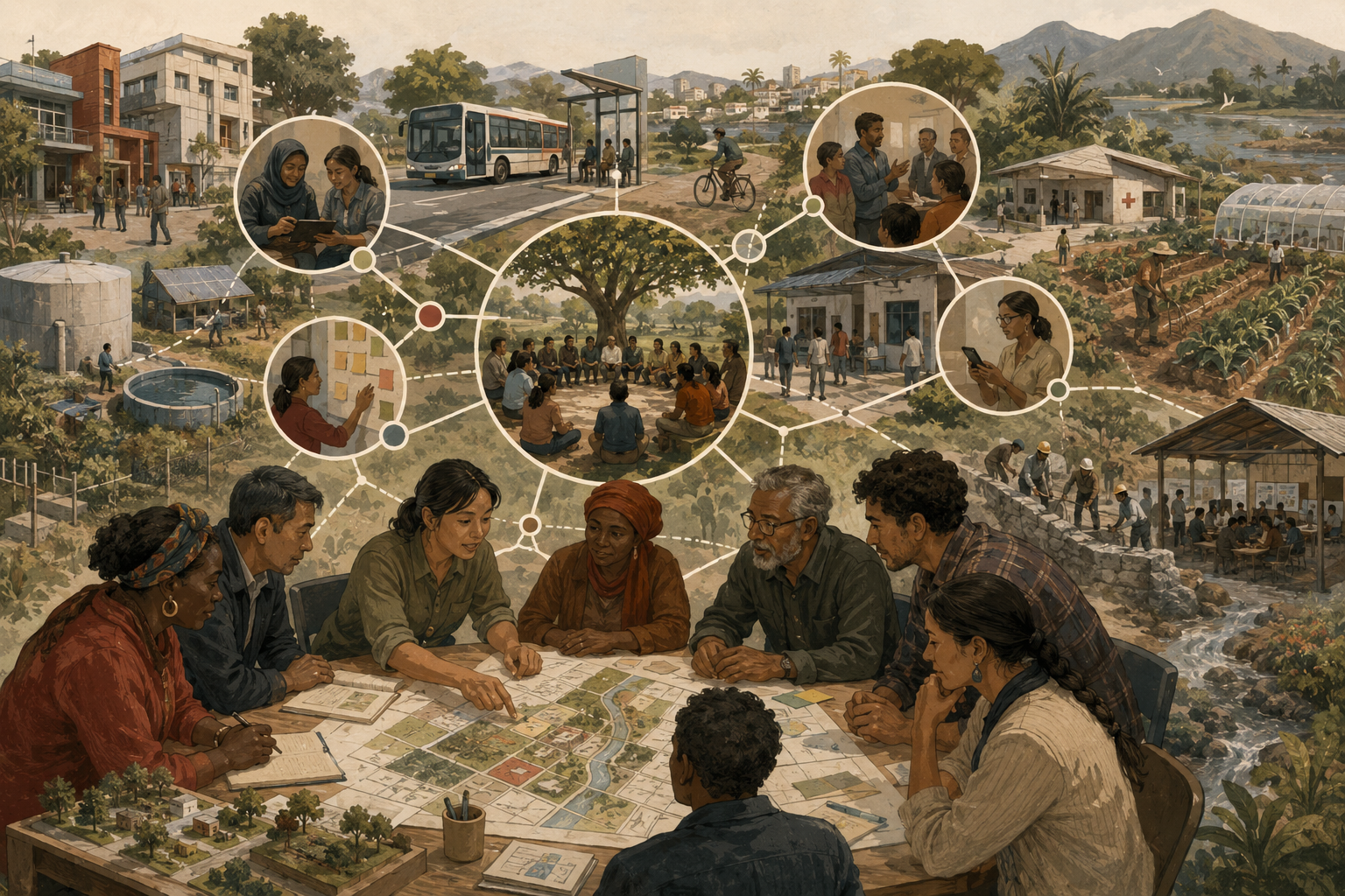 Editorial sustainability illustration showing diverse community members planning local development around a shared map, with connected scenes of public services, infrastructure, agriculture, transit, health, and civic participation.