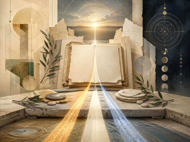 Non-figurative editorial illustration of blank manuscripts, luminous pathways, olive branches, water traces, abstract table forms, sacred-time geometry, and dawn light representing Passover, Easter, Ramadan, and the memory of deliverance.