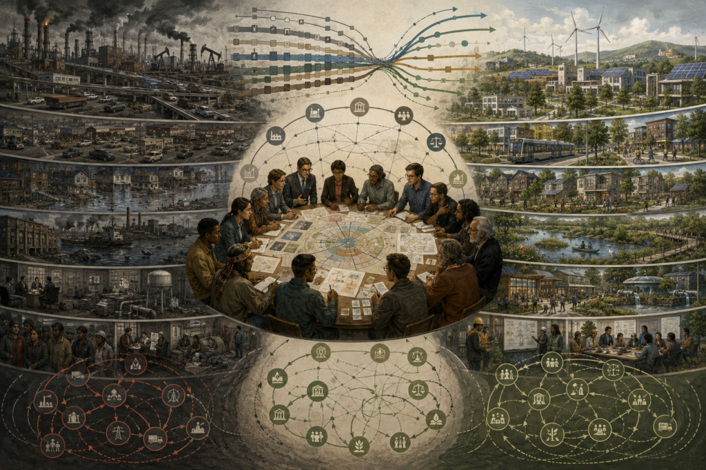 Editorial systems illustration contrasting locked-in fossil, infrastructural, and social systems with a more just and adaptive future, centered on a diverse planning forum examining pathways, feedback loops, and transformation options.