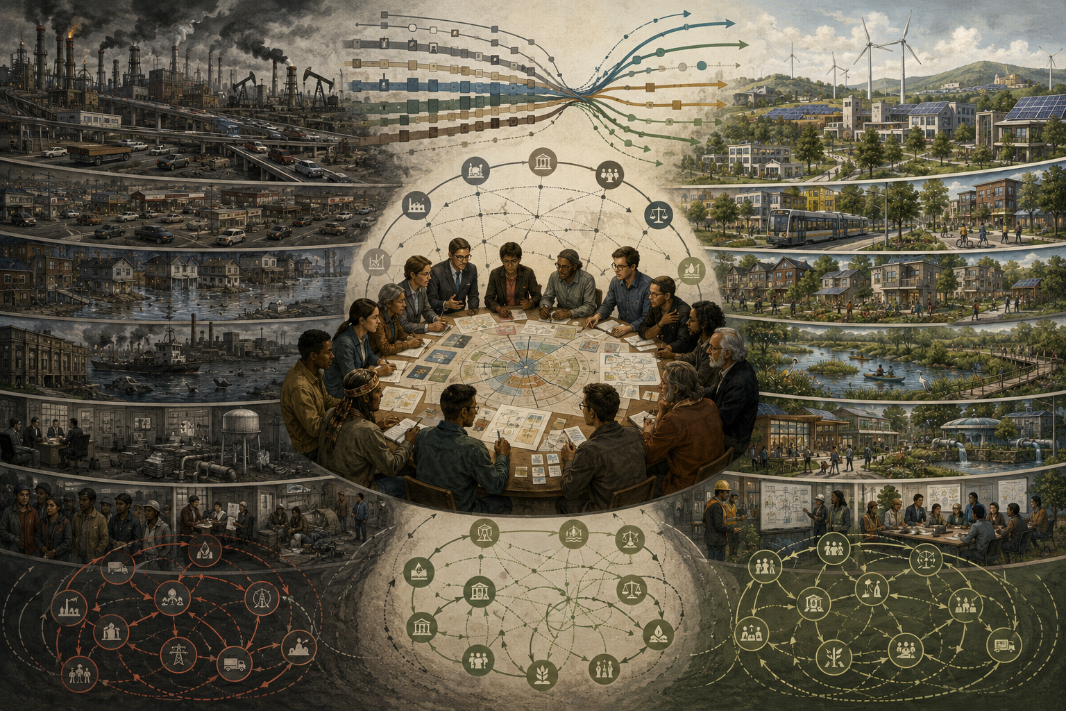 Editorial systems illustration contrasting locked-in fossil, infrastructural, and social systems with a more just and adaptive future, centered on a diverse planning forum examining pathways, feedback loops, and transformation options.