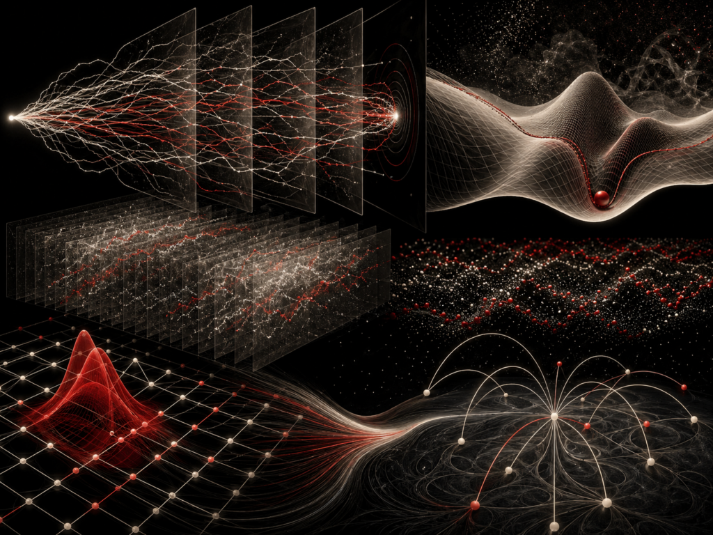 Editorial scientific illustration showing branching quantum paths, layered spacetime histories, action-like surface landscapes, lattice grids, propagator arcs, and Monte Carlo sampling structures in black, cream, white, and deep red.