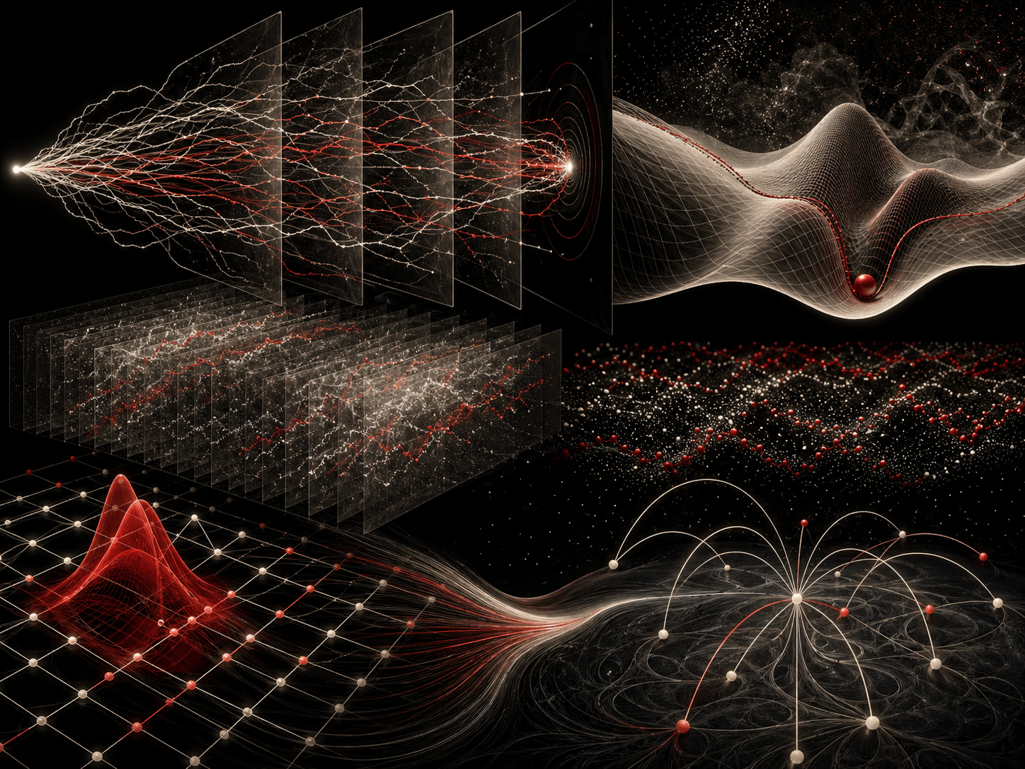Editorial scientific illustration showing branching quantum paths, layered spacetime histories, action-like surface landscapes, lattice grids, propagator arcs, and Monte Carlo sampling structures in black, cream, white, and deep red.