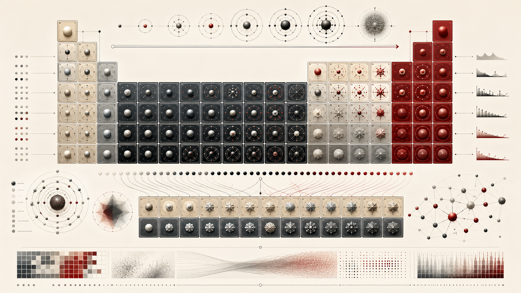 Abstract editorial scientific illustration of periodic-table classification, unlabeled element blocks, atomic structures, periodic trends, element families, and chemical data patterns in cream, gray, black, and deep red.