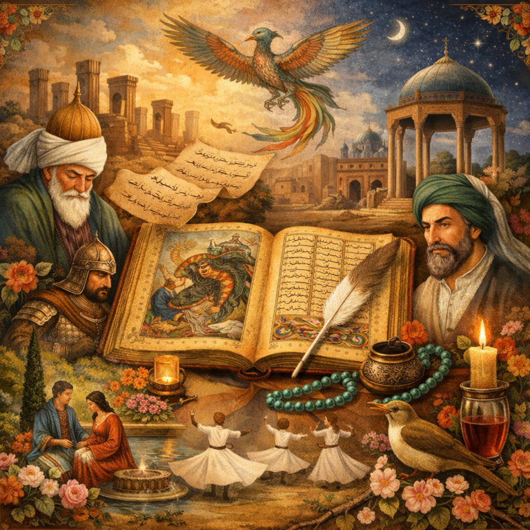 Editorial illustration of Persian poetry and cultural memory featuring illuminated manuscripts, calligraphy, garden imagery, courtly and mystical motifs, and Persianate architectural forms