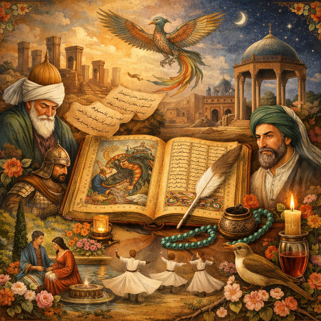 Editorial illustration of Persian poetry and cultural memory featuring illuminated manuscripts, calligraphy, garden imagery, courtly and mystical motifs, and Persianate architectural forms