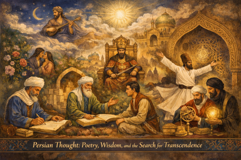 Illustration of Persian thought showing poetry, ethical wisdom, kingship, mysticism, and philosophical reflection in Persian civilization.