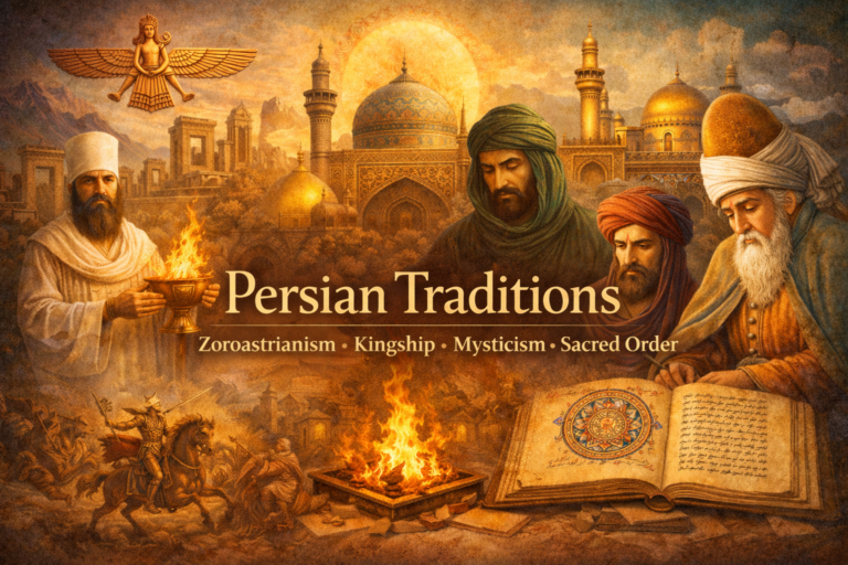 Symbolic Persian scene with sacred fire, manuscript, classical architecture, and figures representing Zoroastrian, mystical, and Persianate religious traditions.