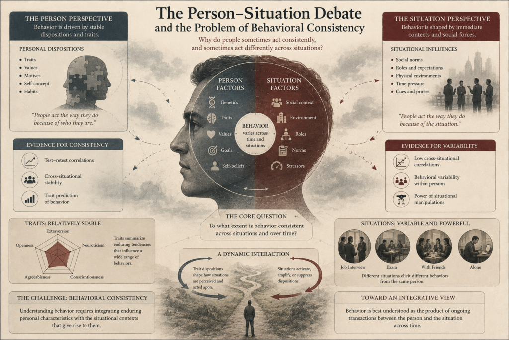 Detailed institutional infographic showing a central human profile divided between person factors and situation factors, surrounded by panels comparing traits, social context, behavioral consistency, and situational variability.
