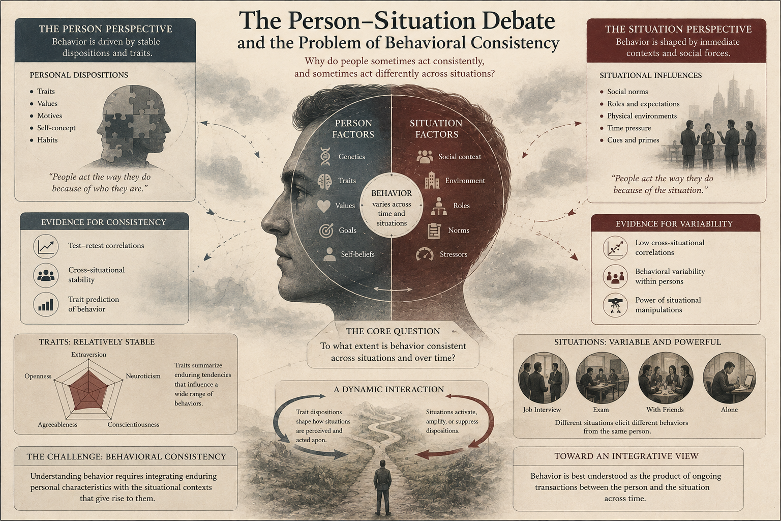 Detailed institutional infographic showing a central human profile divided between person factors and situation factors, surrounded by panels comparing traits, social context, behavioral consistency, and situational variability.