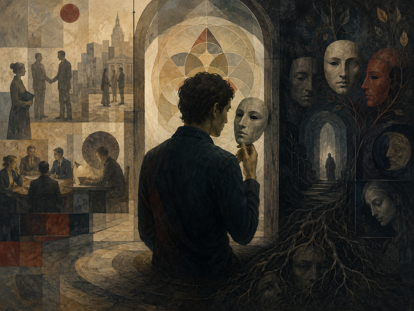 A solitary figure stands among masks, mirrors, thresholds, institutional forms, and shadowed interior spaces, suggesting the tension between social adaptation and inner life.