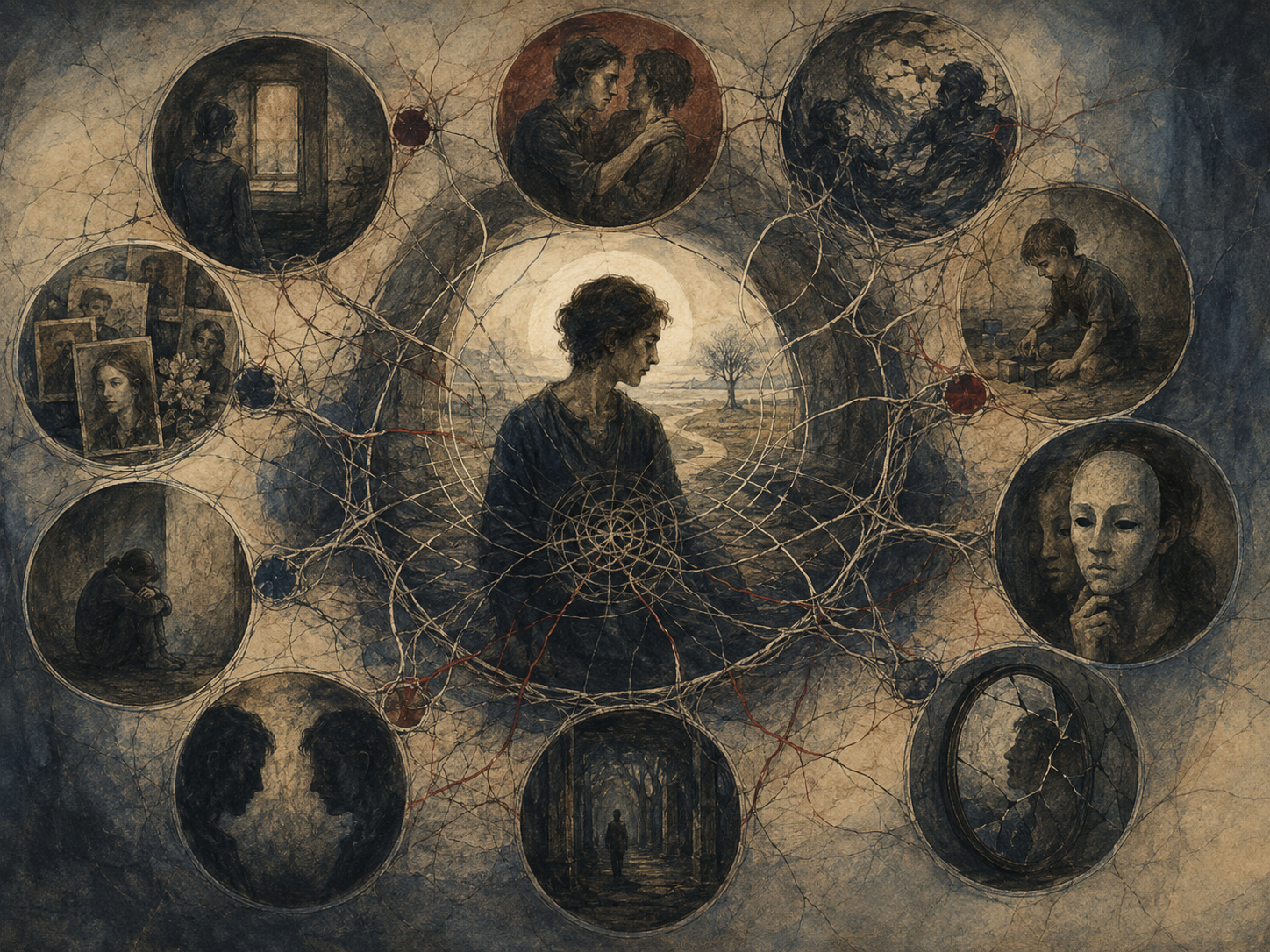 A central figure sits within a web of memory scenes, emotional knots, masks, shadowed figures, childhood images, mirrors, and circular symbolic patterns.