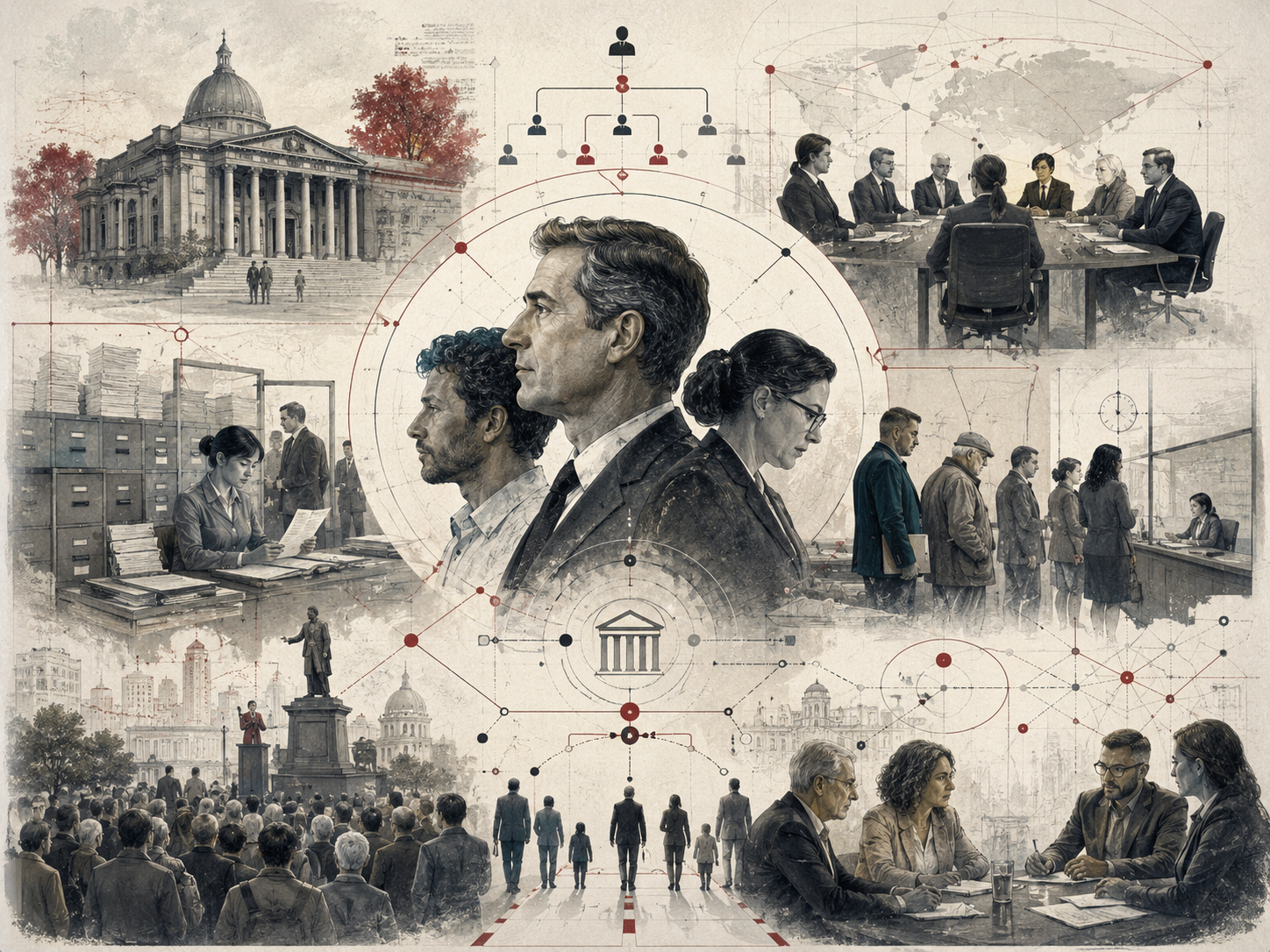 Research-grade illustration of personality and institutions, showing leaders, bureaucratic offices, public buildings, organizational hierarchies, civic crowds, committees, administrative systems, and social order.